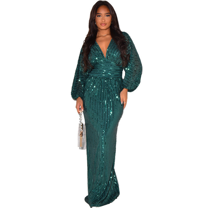 Exposed Sleeve Sexy Sequined Long Dress