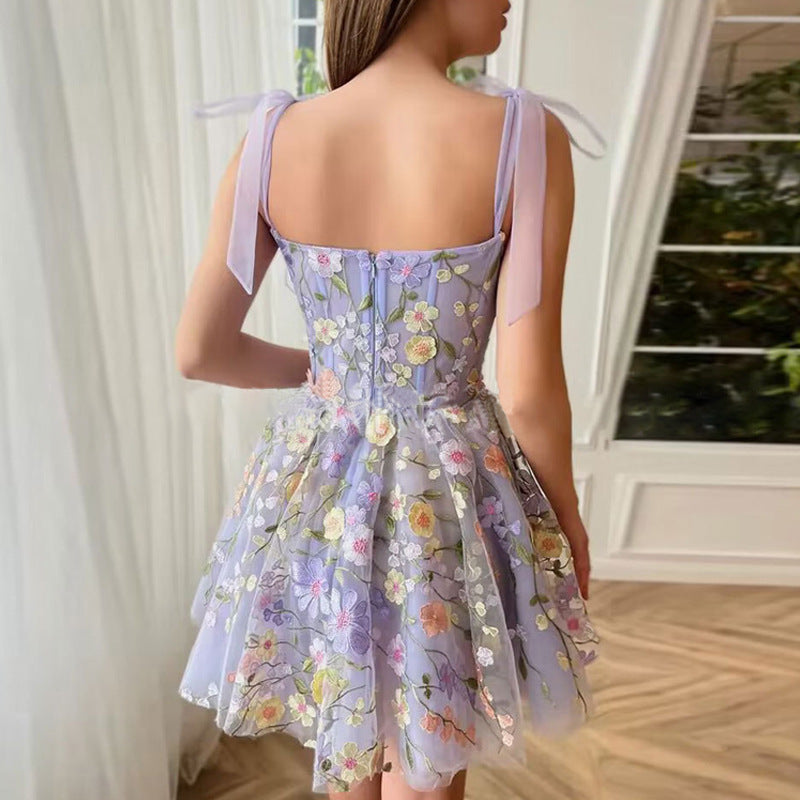 Three-dimensional Flower Embroidered Sheath Sexy Sling Dress