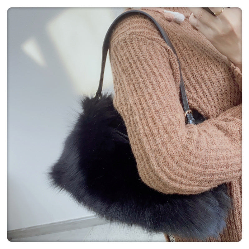 Fox Fur Stitching Women's Handbag Temperament Novel Zipper Design