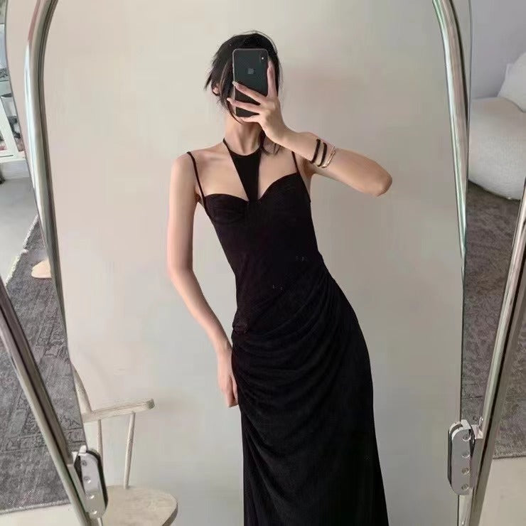 New Special-interest Design Velvet Halter Swan Neck Pendant Dress