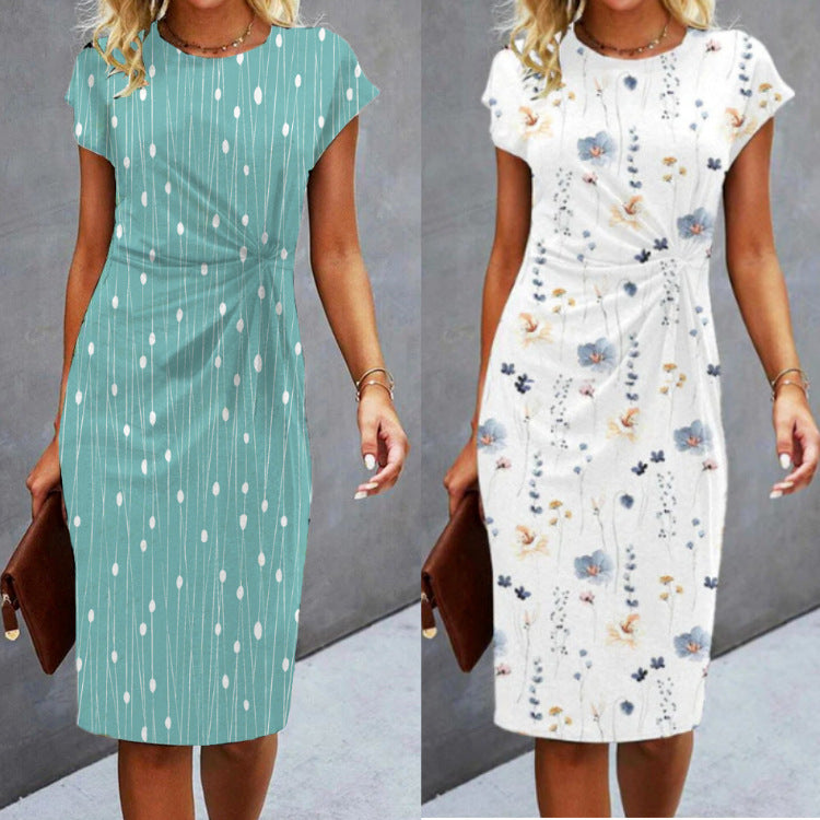 Fashion Slim Print Pleating Short Sleeve Dress