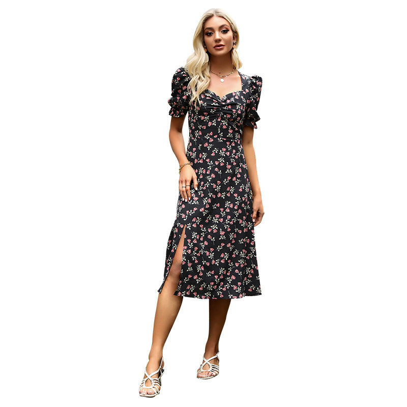 Vestido dividido con mangas abullonadas y estampado floral con cuello color melocotón para mujer