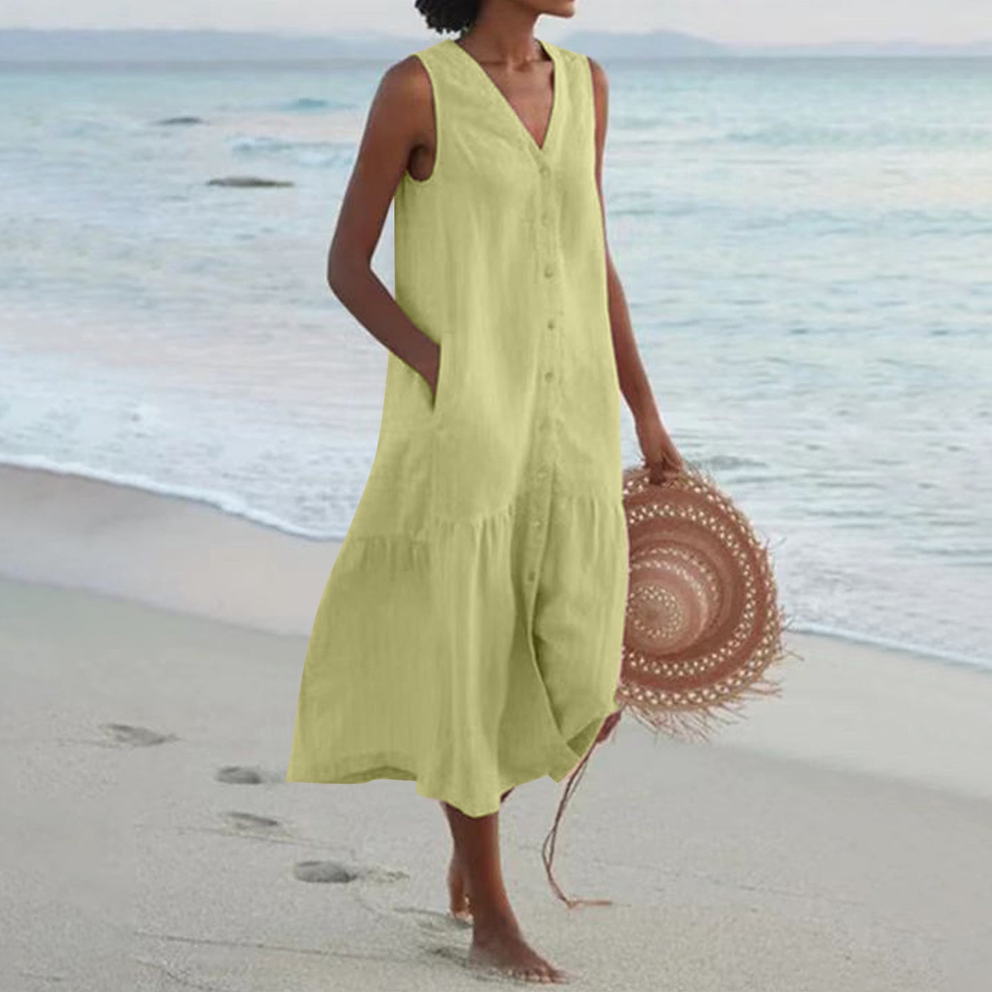 Female Pure Color Cotton Strap Type Temperament Long Dress