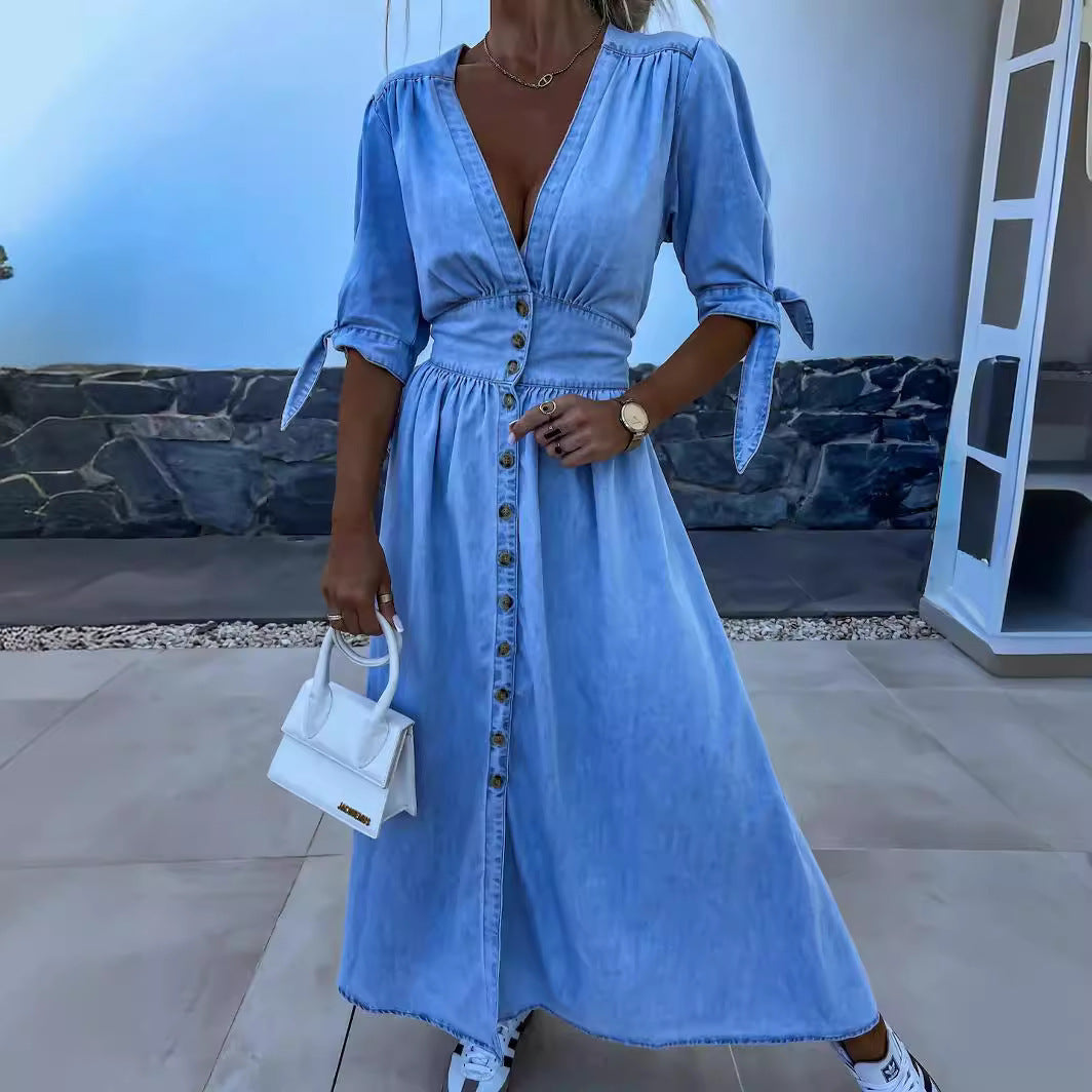 Ladies New Fashion Sexy V-neck Denim Dress