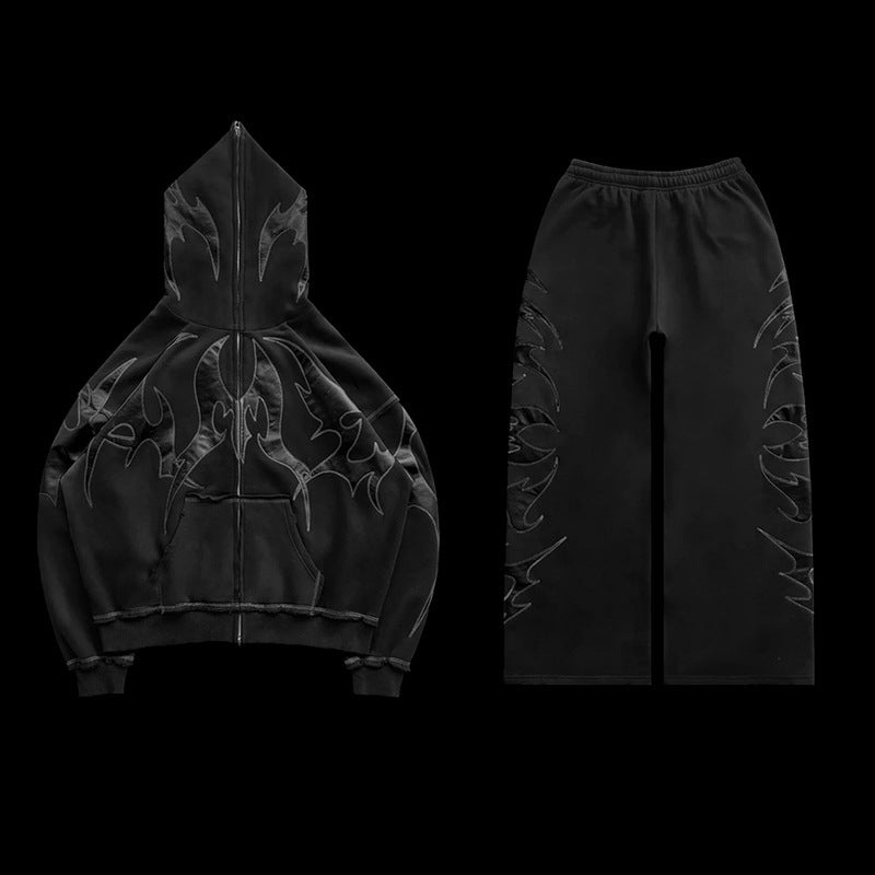 Thorn Pattern Foam Printed Vintage Zippered Hoodie Set