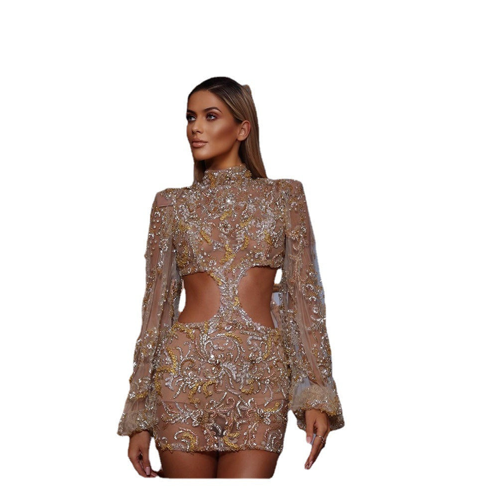 European And American Women's Clothing Sexy Mesh Sequins Round Neck Party Dress Hip Skirt