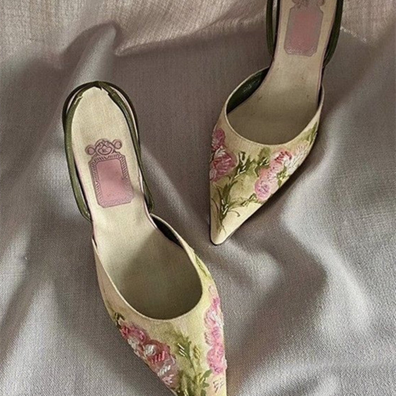 Vintage Pointed Embroidered High Heels