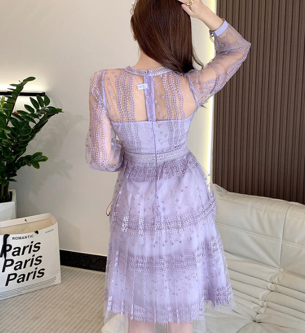 Lilac Purple Lace Stitching Mesh Embroidered Long Sleeve Round Neck See-through Dress