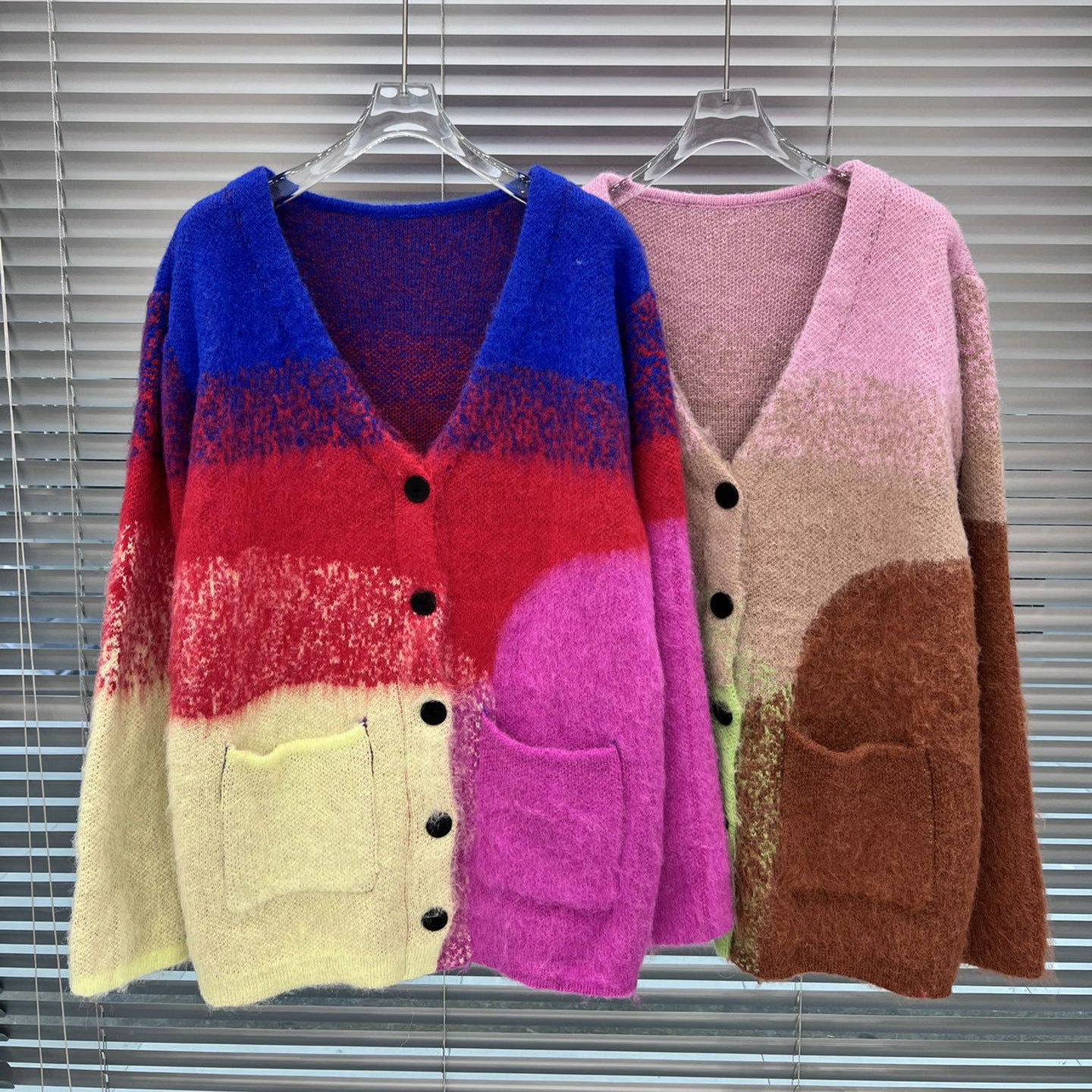 Mohair Gradient Color V-neck Knitted Cardigan Women