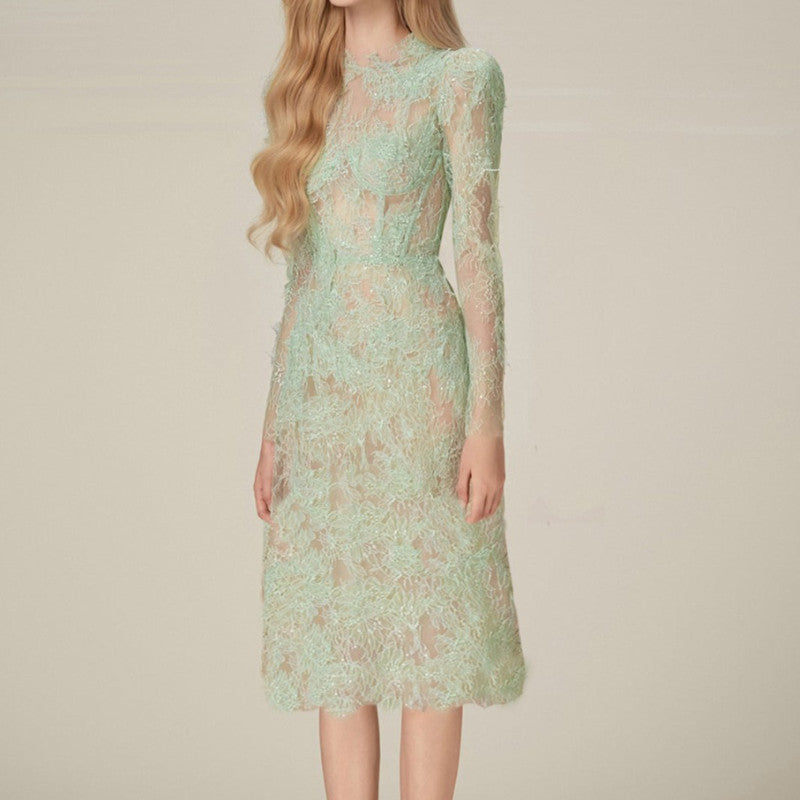 Sequin Embroider Super Slim Lace Mid-length Dress