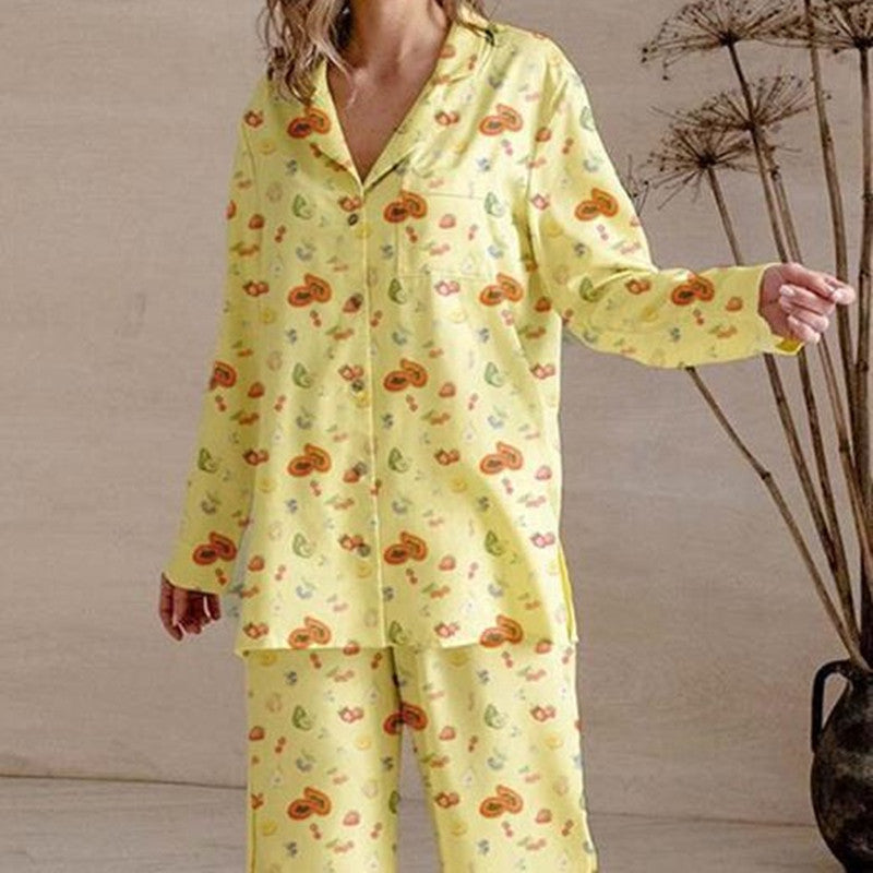 Ladies Two-piece Set Pajamas Long Sleeve Floral Fruit Printed