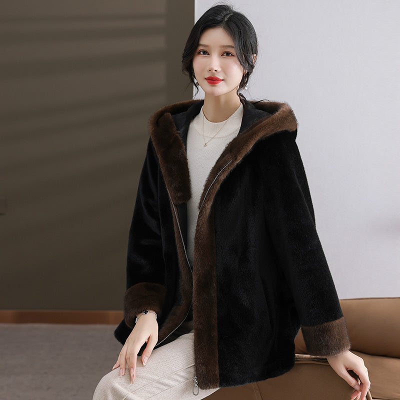 Mom Winter Mink Fur Hooded Coat