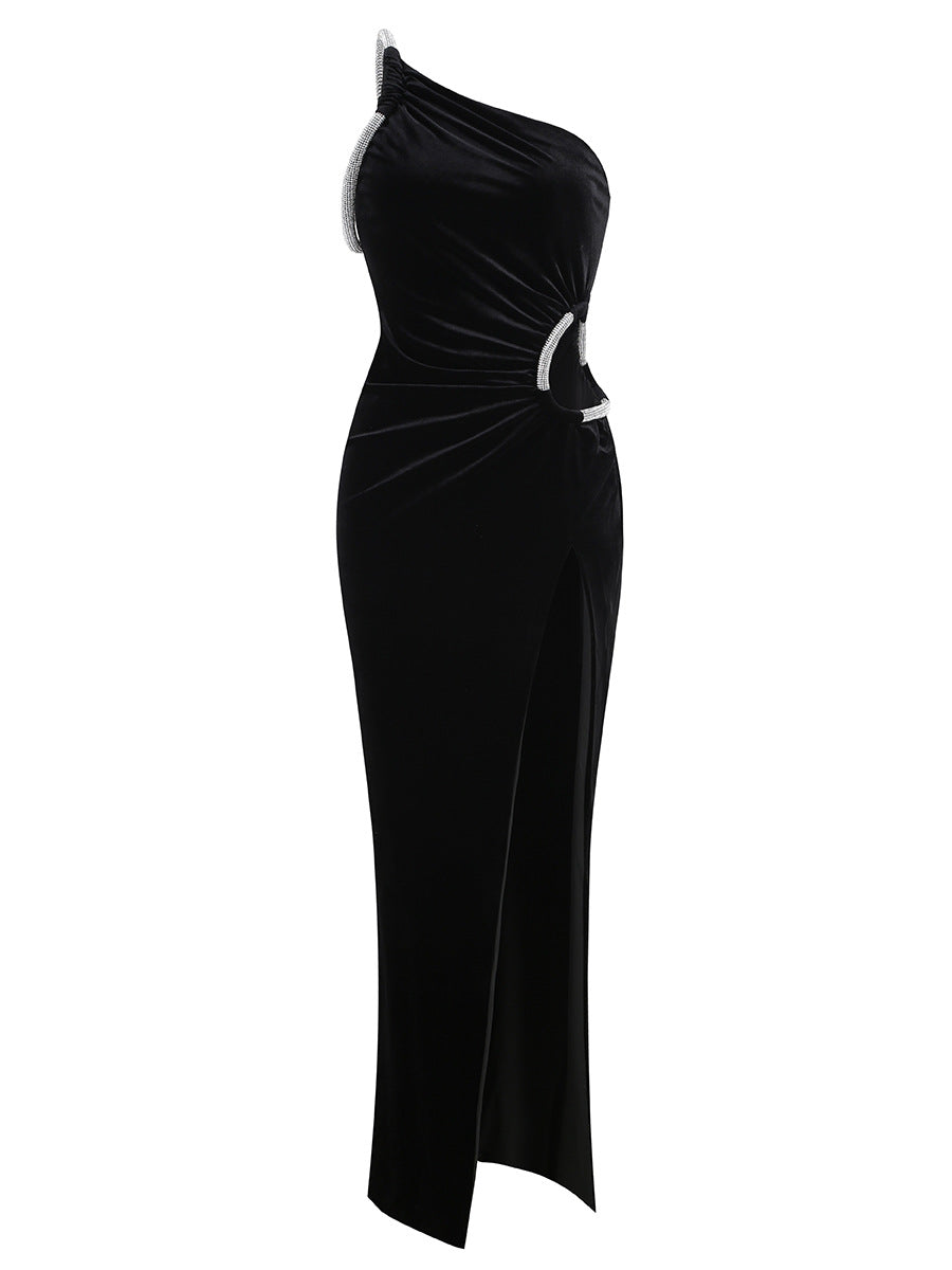 Women's One-shoulder Sleeveless Asymmetric Rhinestone Dress