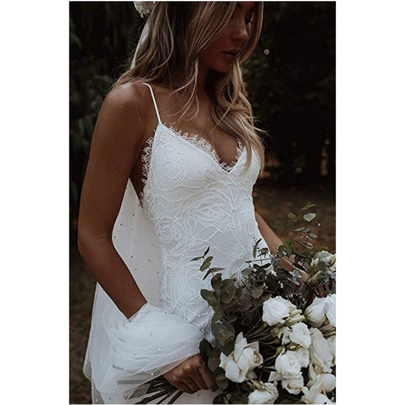 Women's Simple Slim Fit Backless Fishtail Strap Wedding Dress