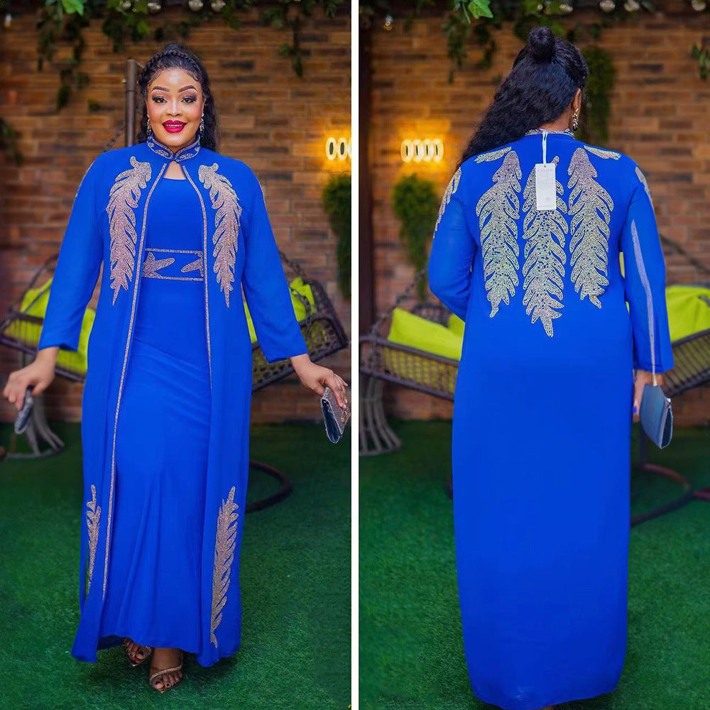 African Elegant Dress 2-piece Set Front And Rear Rhinestone Stand Collar Long Sleeve Dress