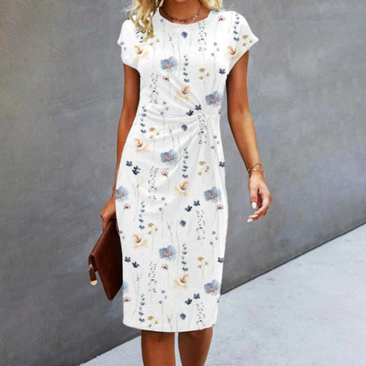 Fashion Slim Print Pleating Short Sleeve Dress