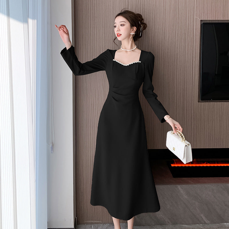 French Retro Affordable Luxury Hepburn Style Square Collar Dress