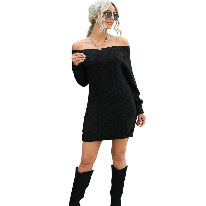 Knitted Dress Sweater Sexy Off-the-shoulder Long Skirt Graphic Customization