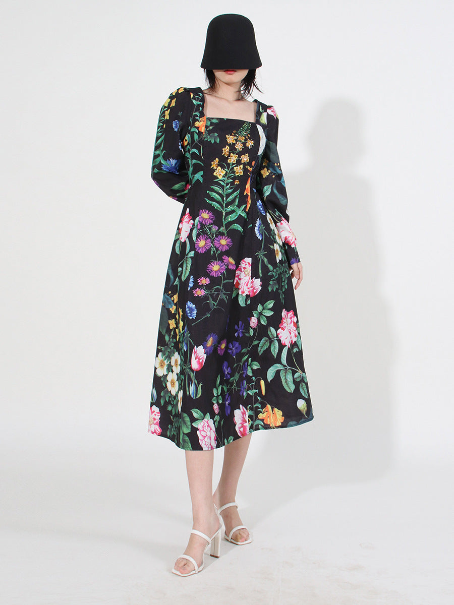 Square Collar Long Sleeve Beaded Embroidery Women's Printed Dress