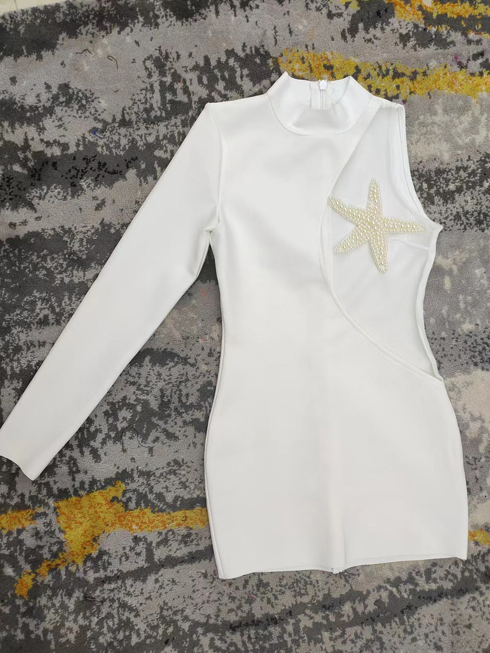 One Shoulder Long Sleeve Mesh Five-pointed Star Beaded Bandage One-piece Dress