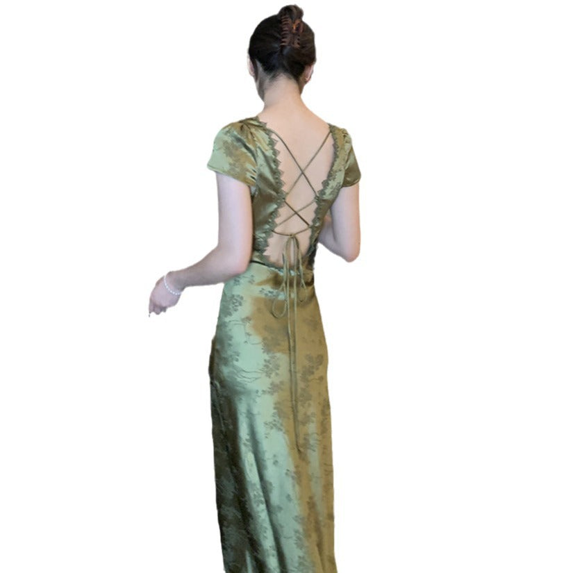 Female Spearmint V-neck Backless Satin Dress