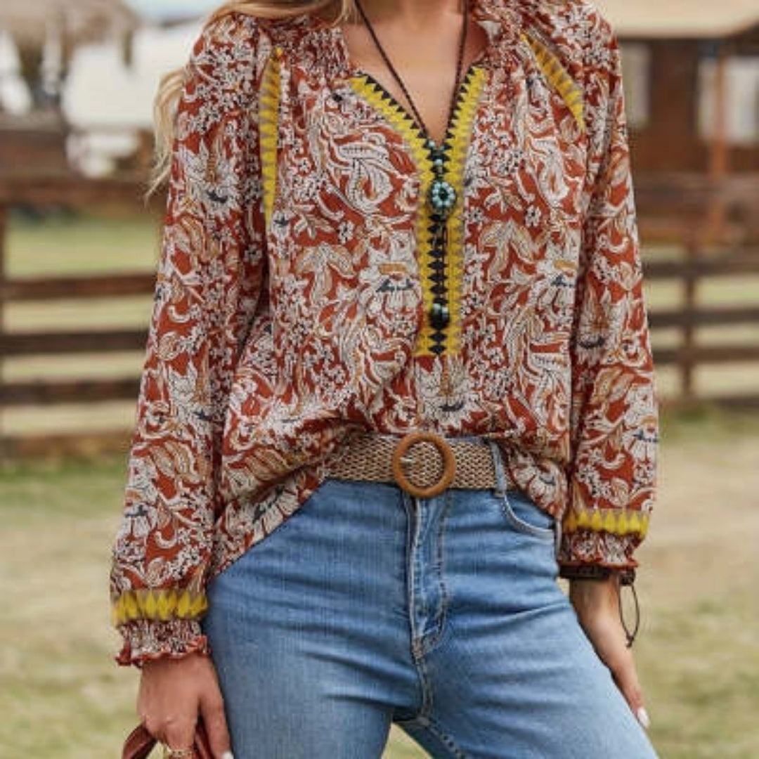 Women's Bohemian Print Flare Sleeve Shirt