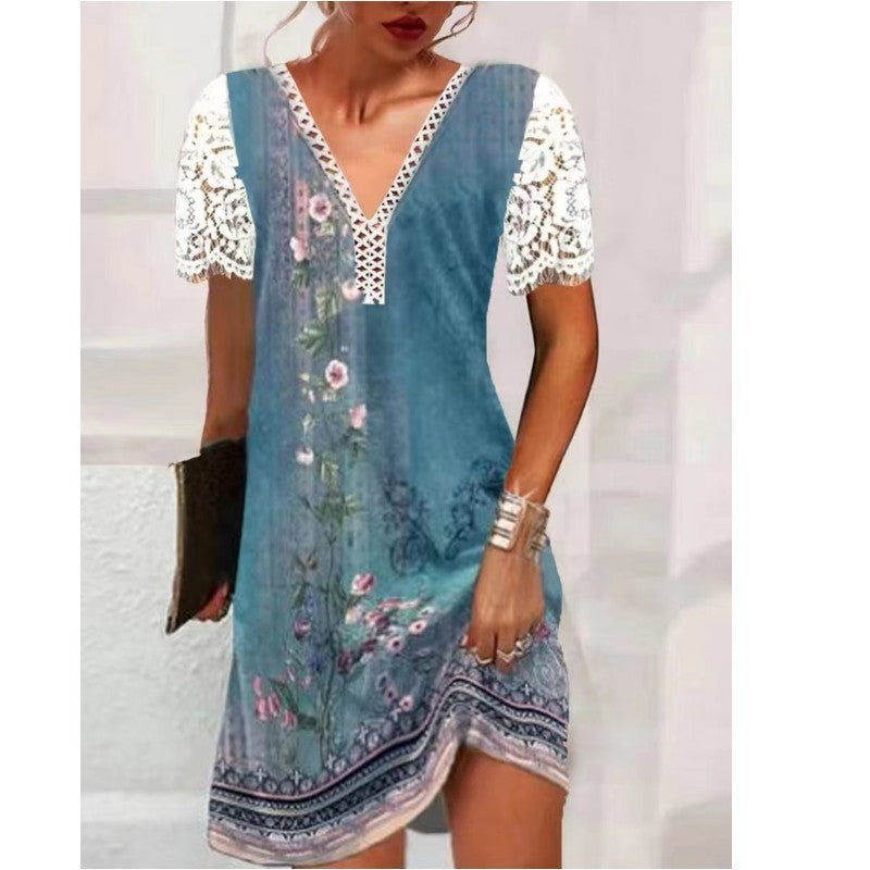 V-neck Stitching Lace Ruffled Short Sleeves Loose Print Dress