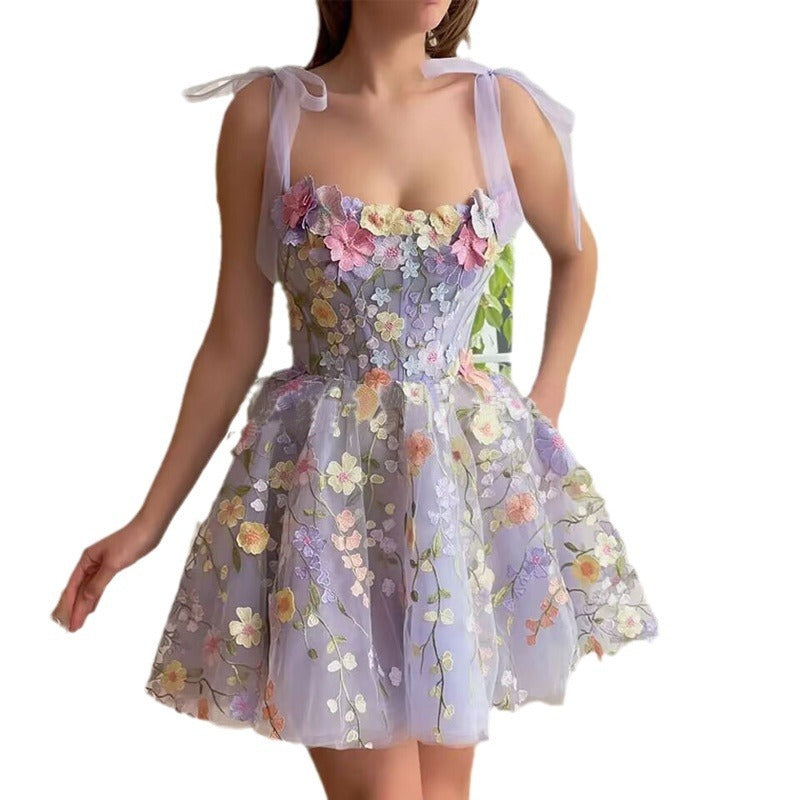 Three-dimensional Flower Embroidered Sheath Sexy Sling Dress