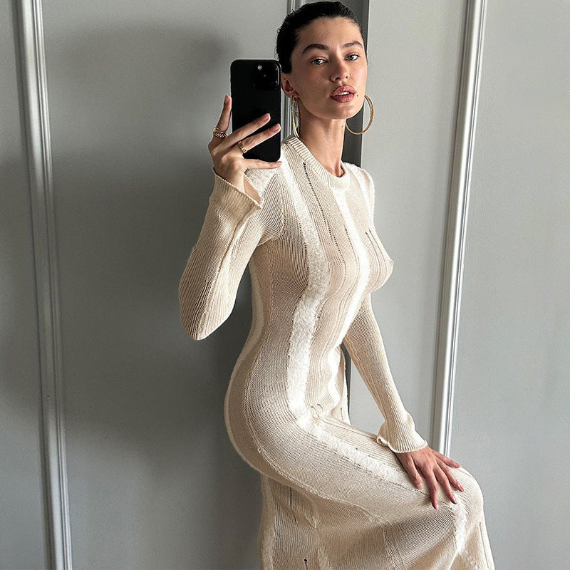 Sexy Woolen Ripped Slim-fit Long-sleeved Dress