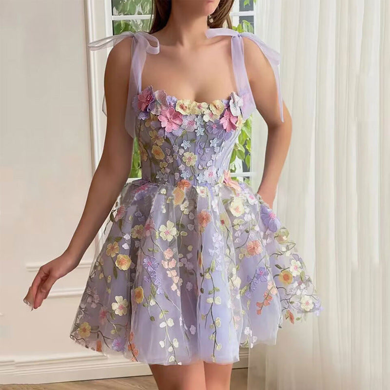 Three-dimensional Flower Embroidered Sheath Sexy Sling Dress