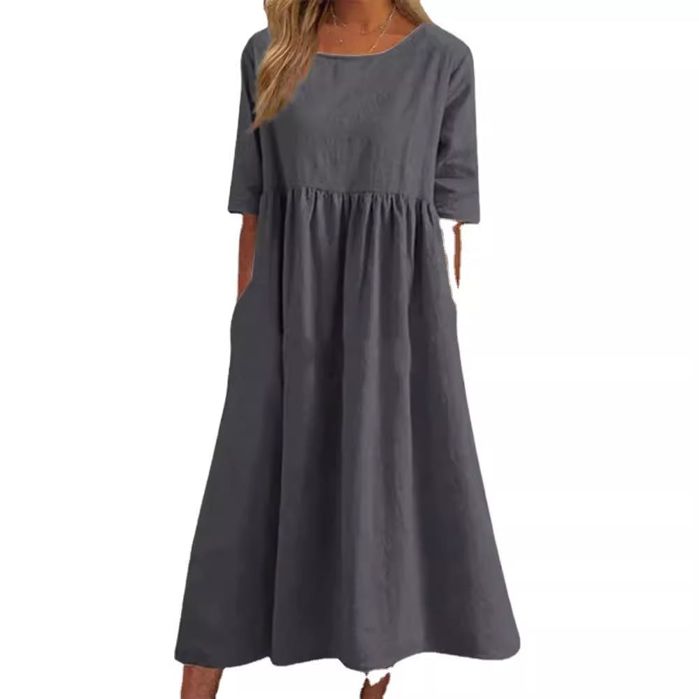 Spring And Summer New Round Neck 5-point Sleeve Plus Size Casual Loose Long Solid Color Cotton And Linen Dress