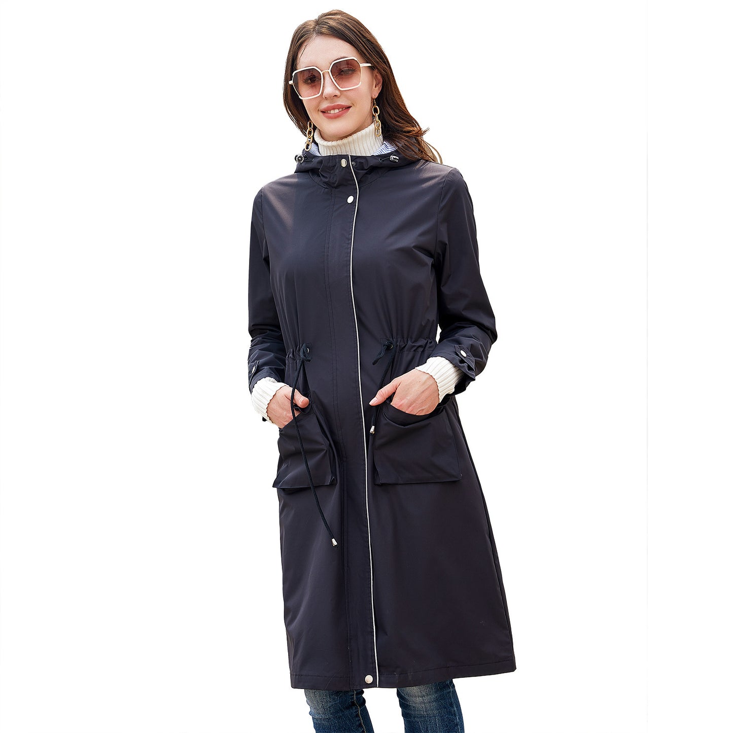 Long Casual Windbreaker Women's Waterproof Hooded Solid Color Top Striped Lining Straight Coat