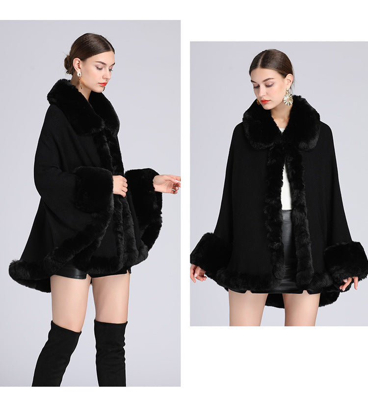 Rex Rabbit Fur Collar Shawl Cape Knitted