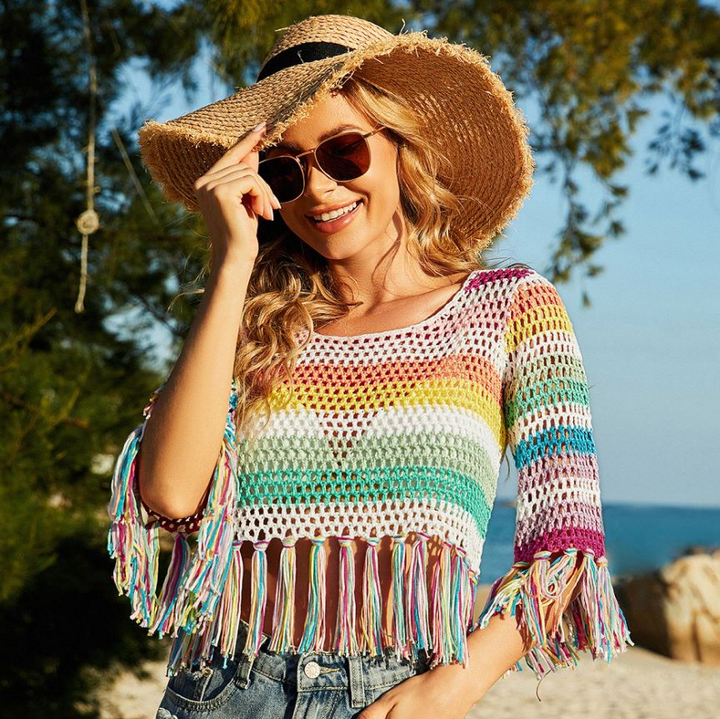 Crochet Spring Summer Knitted Women Hand Crocheting Blouse Stitching Hollow Out Cutout out Mixed Color Bikini Beach Shirt Crochet