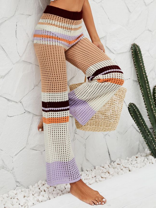 Häkeln Frühling Sommer Mode Elastische Taille Gestrickte Mid-Taille Hosen Nähte Farbe Gerade Casual Hosen Häkeln