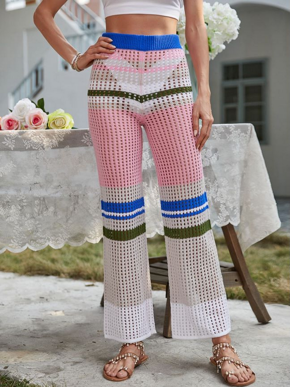 Crochet Spring Summer Fashion Elastic Waist Knitted Mid-Waist Trousers Stitching Color Straight Casual Trousers Crochet