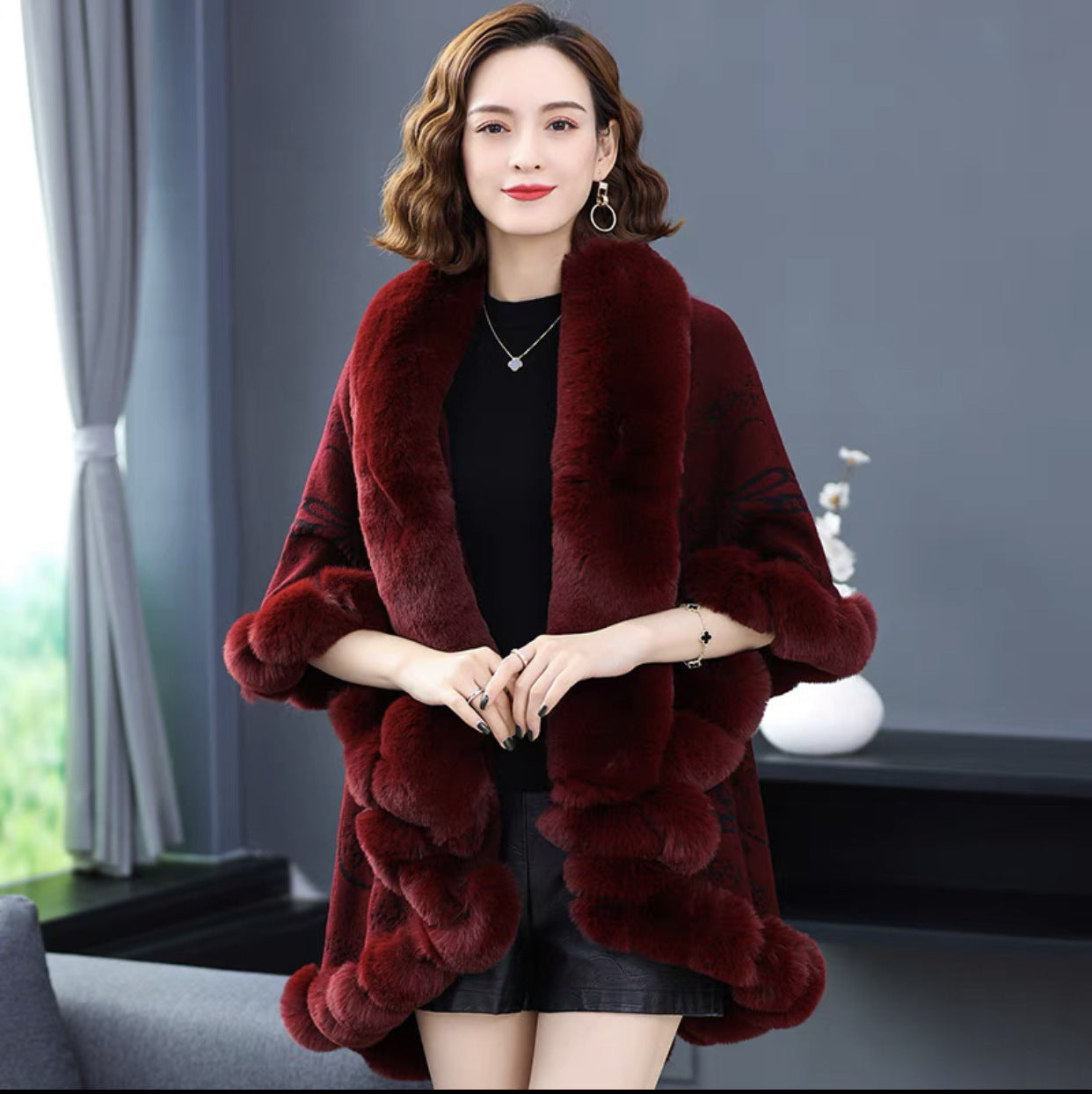 Imitation Rex Rabbit Fur Collar Shawl Cape Women's Plus Size