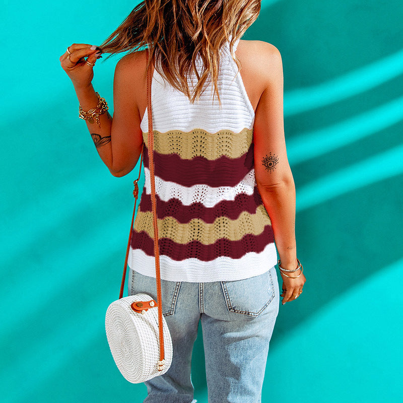 Top Women Summer New Arrival Acrylic Cotton Color Contrast Patchwork Knitted Wool Vest