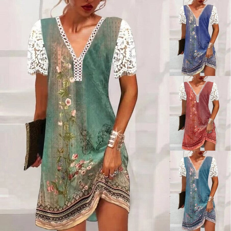 V-neck Stitching Lace Ruffled Short Sleeves Loose Print Dress