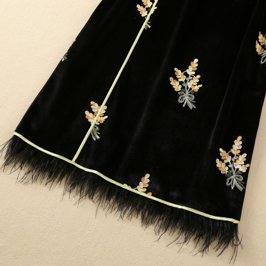 Feather Embroidered Stand Collar Oblique Placket Velvet Dress