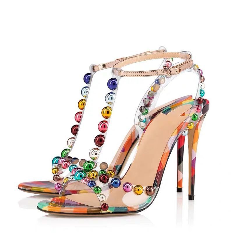 Transparent PVC Colorful Round Beads T-strap Thin High-heeled Sandals