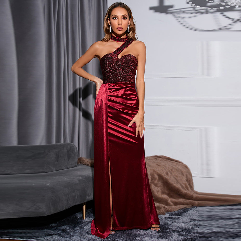 High End Wine Red Fishtail Split High-end Banquet Single Shoulder Length Evening Dress