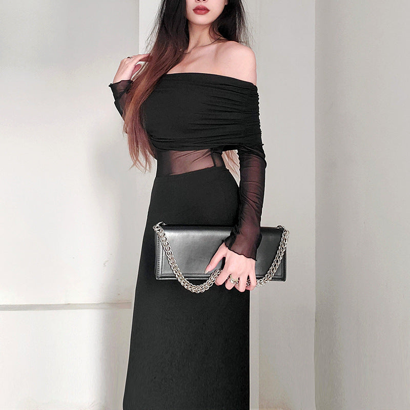 Sexy schulterfreies, plissiertes Winterkleid aus Polyester mit langen Ärmeln für Damen