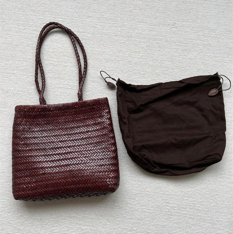 Woven Tote Vintage Top Layer Cowhide Handmade Shoulder Bag