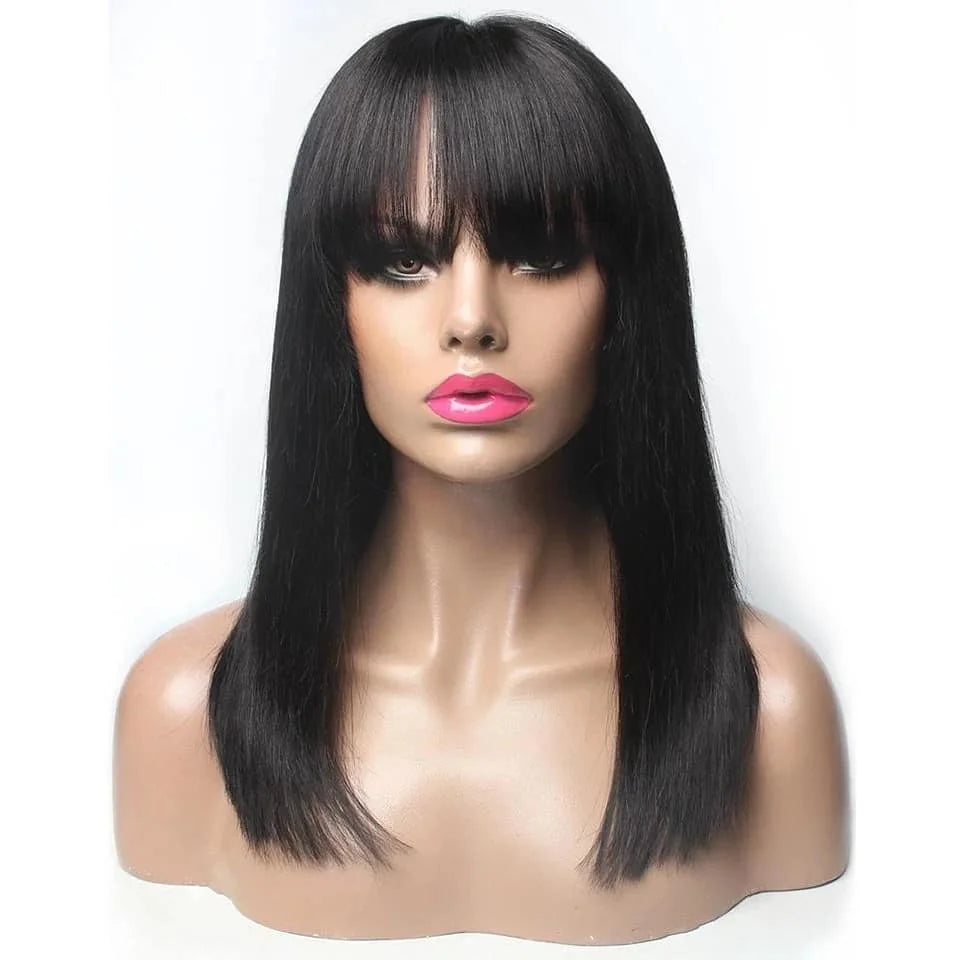 100% Human Hair Wig With Bangs Glueless Short Bob Human Hair Wigs For Black Women Cheap 30 34 Inch Brazilian Straight Fringe Wig