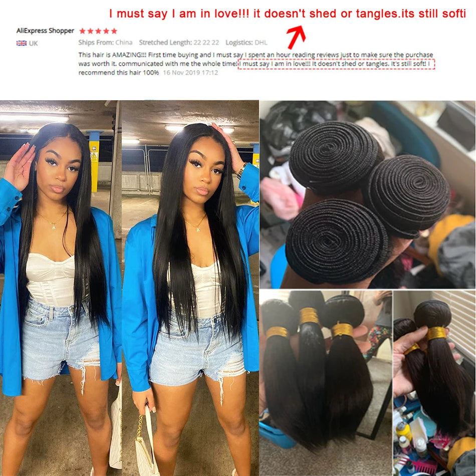 12A Straight Hair Bundles Raw Brazilian Human Hair Extensions For Black Women Natural Color 3/4 Bundles Remy Hair Long 30 Inches