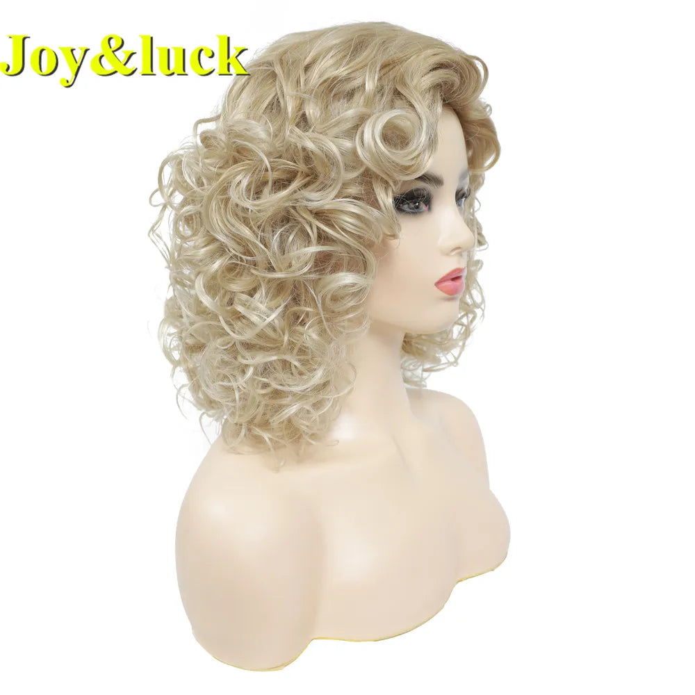 Joy &amp; luck-Peluca de cabello sintético corto y rizado para mujer, peluca completa de Color rubio mezclado dorado con flequillo, estilo de cabello Natural para uso diario