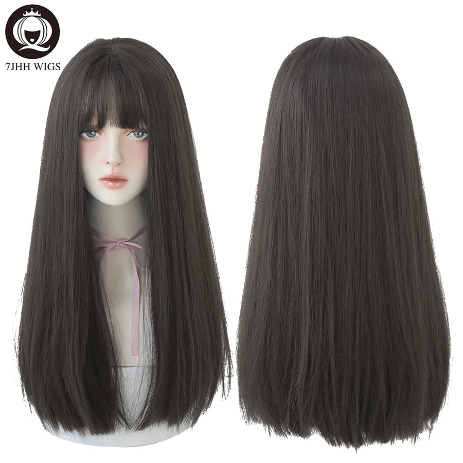 7JHHWIGS Long Straight Synthetic Light Brown Wigs With Bang For Women Heat-Resistant Daily Use Hair Hot Sell Wholesale Wigs