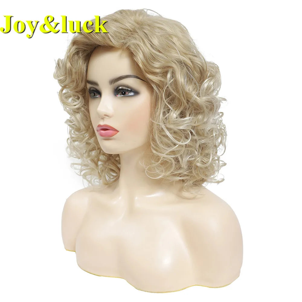 Joy&luck Short Curly Wig Synthetic Hair Wigs Gold Mix Blonde Color Women's Full Wig with Bangs Natural Daily Hair Style