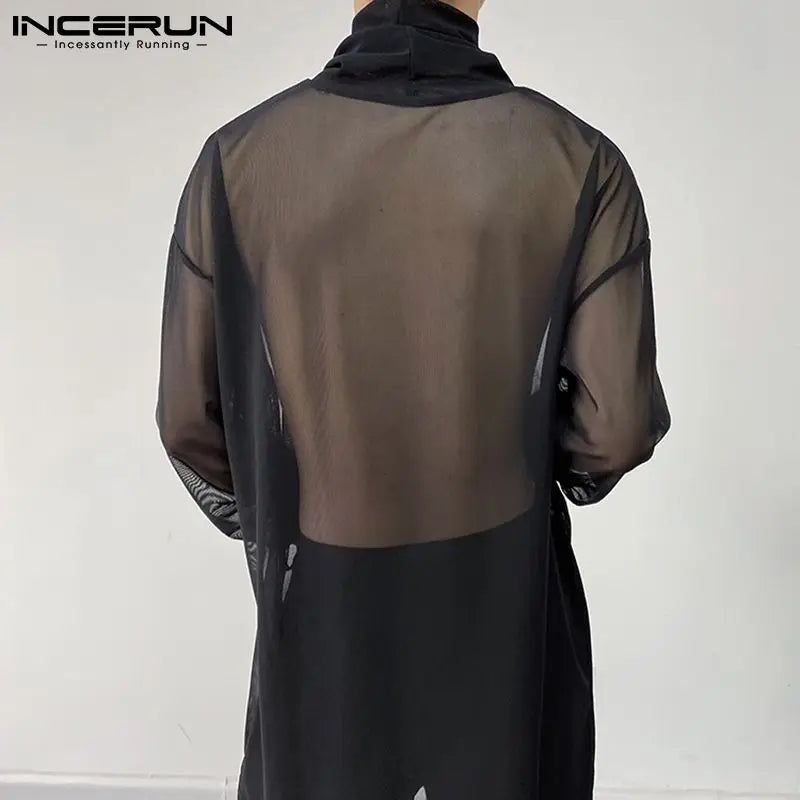 Men T Shirt Mesh See Through Turtleneck Long Sleeve Sexy Tee Tops Underwear Streetwear Party Nightclub Camisetas 2023 INCERUN